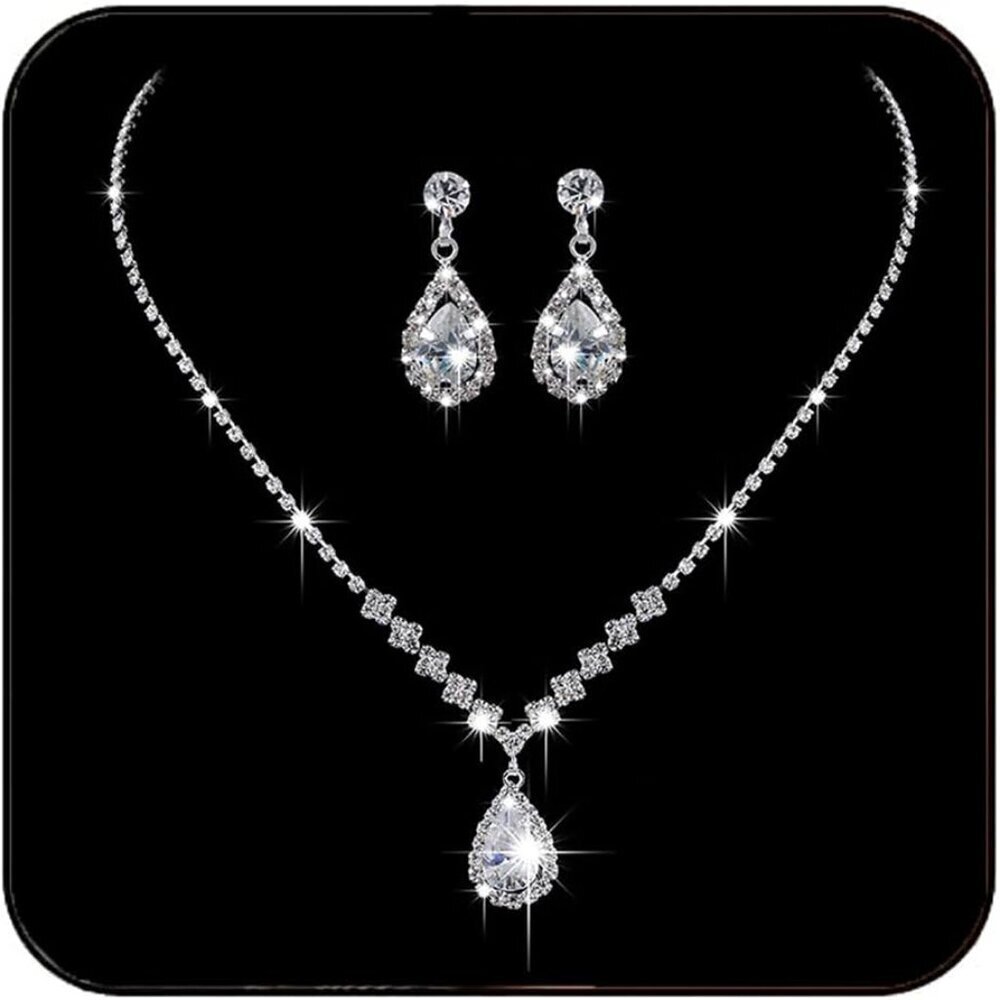 Silver Bridal Necklace Earrings Set Crystal Wedding Jewelry Choker for Women